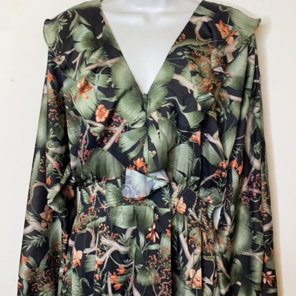 Johanna Ortiz X H&M Collab Tropical Patterned Dress with Flounce Hem Size Medium - Picture 4 of 14